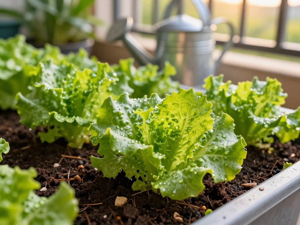 A vibrant close-up of a container filled with fresh, green lettuce plants thriving in rich, crumbly potting mix. In the foreground, the lettuce leaves are lush and dewy, showcasing their crisp texture and vibrant colors, ranging from deep green to light green. The potting mix is dark brown, enriched with small pieces of organic material, illustrating quality soil. In the middle ground, a watering can made of galvanized metal sits beside the container, hinting at the care involved. The background features a sunlit balcony with blurred green plants, creating a peaceful gardening atmosphere. The lighting is warm and natural, mimicking late afternoon sun. The perspective is slightly tilted to add depth, evoking a sense of productivity and serenity in home gardening. A vibrant close-up of a container filled with fresh, green lettuce plants thriving in rich, crumbly potting mix. In the foreground, the lettuce leaves are lush and dewy, showcasing their crisp texture and vibrant colors, ranging from deep green to light green. The potting mix is dark brown, enriched with small pieces of organic material, illustrating quality soil. In the middle ground, a watering can made of galvanized metal sits beside the container, hinting at the care involved. The background features a sunlit balcony with blurred green plants, creating a peaceful gardening atmosphere. The lighting is warm and natural, mimicking late afternoon sun. The perspective is slightly tilted to add depth, evoking a sense of productivity and serenity in home gardening.