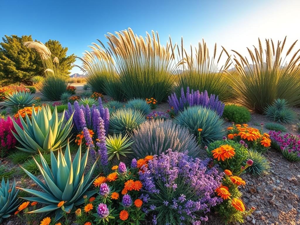 A vibrant collection of drought-tolerant plants arranged in a beautifully landscaped garden. In the foreground, feature a variety of succulents like agave and aloe vera alongside colorful flowering plants such as lavender and desert marigold. The middle ground showcases groups of ornamental grasses that sway gently in the breeze, providing texture and movement. In the background, a clear blue sky with soft, warm sunlight casts a golden glow over the scene, enhancing the vivid colors of the plants. Use a wide-angle lens to capture the expansive feel of the garden, emphasizing the lushness amidst a dry landscape. Aim for a serene and inviting atmosphere, perfect for showcasing low-maintenance gardening options. A vibrant collection of drought-tolerant plants arranged in a beautifully landscaped garden. In the foreground, feature a variety of succulents like agave and aloe vera alongside colorful flowering plants such as lavender and desert marigold. The middle ground showcases groups of ornamental grasses that sway gently in the breeze, providing texture and movement. In the background, a clear blue sky with soft, warm sunlight casts a golden glow over the scene, enhancing the vivid colors of the plants. Use a wide-angle lens to capture the expansive feel of the garden, emphasizing the lushness amidst a dry landscape. Aim for a serene and inviting atmosphere, perfect for showcasing low-maintenance gardening options.