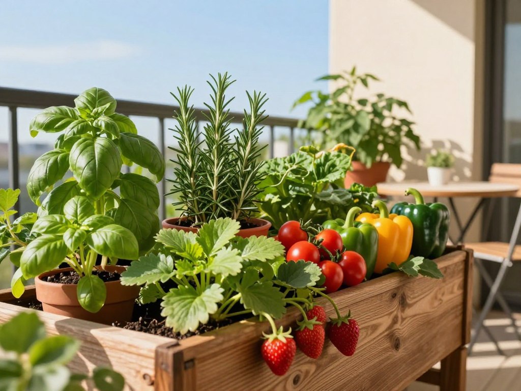 A vibrant container garden filled with a variety of edible plants, featuring lush herbs like basil and rosemary, alongside colorful vegetables such as cherry tomatoes and bell peppers. In the foreground, showcase a rustic wooden planter with strawberries cascading over the edges, while bright green leafy greens flourish in the surrounding pots. The middle ground should display a cozy balcony setting with a small table and chairs, suggesting a welcoming atmosphere for relaxation. The background features a clear blue sky with soft, warm sunlight casting gentle shadows, creating a serene environment. Use a close-up angle to emphasize the textures and colors of the plants, evoking a mood of abundance and sustainability in an urban small space. A vibrant container garden filled with a variety of edible plants, featuring lush herbs like basil and rosemary, alongside colorful vegetables such as cherry tomatoes and bell peppers. In the foreground, showcase a rustic wooden planter with strawberries cascading over the edges, while bright green leafy greens flourish in the surrounding pots. The middle ground should display a cozy balcony setting with a small table and chairs, suggesting a welcoming atmosphere for relaxation. The background features a clear blue sky with soft, warm sunlight casting gentle shadows, creating a serene environment. Use a close-up angle to emphasize the textures and colors of the plants, evoking a mood of abundance and sustainability in an urban small space.