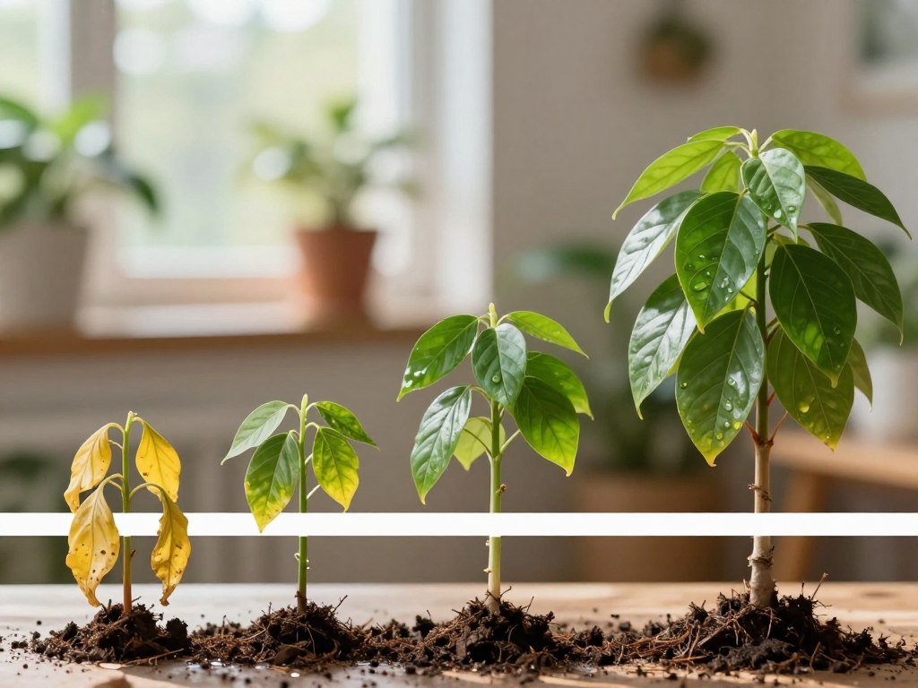 A vibrant, detailed timeline illustrating the recovery of an overwatered plant, displayed from left to right. In the foreground, show a series of plant stages: the first section features a wilted, droopy plant with yellowing leaves, representing initial overwatering. The next section transitions to a plant with slightly perkier leaves and a hint of green returning, symbolizing the start of recovery. The final section shows a healthy, lush green plant thriving in bright sunlight, highlighting successful rehabilitation. The middle background should be softly blurred, depicting a cozy indoor setting with natural lighting filtering through a window. The overall atmosphere should evoke a sense of hope and rejuvenation, inviting viewers to nurture their plants back to health. No text or watermarks included. A vibrant, detailed timeline illustrating the recovery of an overwatered plant, displayed from left to right. In the foreground, show a series of plant stages: the first section features a wilted, droopy plant with yellowing leaves, representing initial overwatering. The next section transitions to a plant with slightly perkier leaves and a hint of green returning, symbolizing the start of recovery. The final section shows a healthy, lush green plant thriving in bright sunlight, highlighting successful rehabilitation. The middle background should be softly blurred, depicting a cozy indoor setting with natural lighting filtering through a window. The overall atmosphere should evoke a sense of hope and rejuvenation, inviting viewers to nurture their plants back to health. No text or watermarks included.
