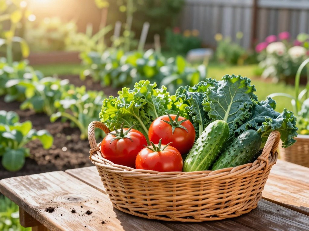 A vibrant, fresh vegetable harvest displayed in a rustic wicker basket, filled with colorful homegrown vegetables like plump red tomatoes, crisp green cucumbers, and leafy kale. In the foreground, the basket sits on a weathered wooden table, with soil remnants hinting at the recent harvest. In the middle ground, a lush garden patch is visible, brimming with healthy green plants under warm, golden sunlight filtering through the leaves, creating dappled shadows. The background showcases a faint view of a quaint backyard fence and blooming flowers, contributing to a serene and inviting atmosphere. Capture the scene with a shallow depth of field to draw attention to the vegetables, and use soft, natural lighting to enhance the fresh and wholesome feel of the image. The mood should be warm and cheerful, embodying the joy of gardening and the satisfaction of a successful harvest.
