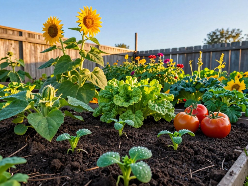A vibrant garden bursting with fast-growing flowers and vegetables, showcasing a variety of plants like bright yellow sunflowers, lush green zucchini, and colorful tomatoes. In the foreground, focus on the rich, dark soil and the tender green sprouts breaking through with dew glistening in the early morning light. In the middle ground, a bustling array of leafy greens and flowering plants, all thriving under a clear blue sky accentuated by soft, golden sunlight that enhances the lively colors of the flora. The background features a rustic wooden fence and hints of distant trees, creating a warm, inviting atmosphere that reflects the joy and abundance of gardening. The angle captures a slight upward view to emphasize the thriving nature of the plants. A vibrant garden bursting with fast-growing flowers and vegetables, showcasing a variety of plants like bright yellow sunflowers, lush green zucchini, and colorful tomatoes. In the foreground, focus on the rich, dark soil and the tender green sprouts breaking through with dew glistening in the early morning light. In the middle ground, a bustling array of leafy greens and flowering plants, all thriving under a clear blue sky accentuated by soft, golden sunlight that enhances the lively colors of the flora. The background features a rustic wooden fence and hints of distant trees, creating a warm, inviting atmosphere that reflects the joy and abundance of gardening. The angle captures a slight upward view to emphasize the thriving nature of the plants.
