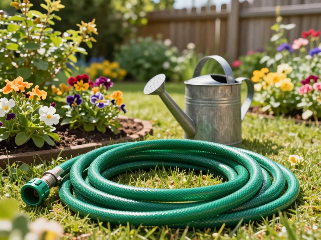 A vibrant garden scene featuring a high-quality, coiled garden hose prominently displayed in the foreground, glistening in the sunlight. The hose is bright green, with durable fittings, showcasing its flexibility and strength. In the middle ground, a rustic wooden watering can with a metallic spout rests amidst lush flower beds blooming with colorful blossoms. The background features a well-maintained garden with leafy shrubs and a gentle wooden fence, bathed in warm, natural light, evoking a peaceful atmosphere. The scene captures a serene, inviting mood, ideal for gardening enthusiasts, with soft shadows adding depth. Shot from a slightly elevated angle, creating an immersive perspective that draws viewers into this tranquil gardening oasis. A vibrant garden scene featuring a high-quality, coiled garden hose prominently displayed in the foreground, glistening in the sunlight. The hose is bright green, with durable fittings, showcasing its flexibility and strength. In the middle ground, a rustic wooden watering can with a metallic spout rests amidst lush flower beds blooming with colorful blossoms. The background features a well-maintained garden with leafy shrubs and a gentle wooden fence, bathed in warm, natural light, evoking a peaceful atmosphere. The scene captures a serene, inviting mood, ideal for gardening enthusiasts, with soft shadows adding depth. Shot from a slightly elevated angle, creating an immersive perspective that draws viewers into this tranquil gardening oasis.