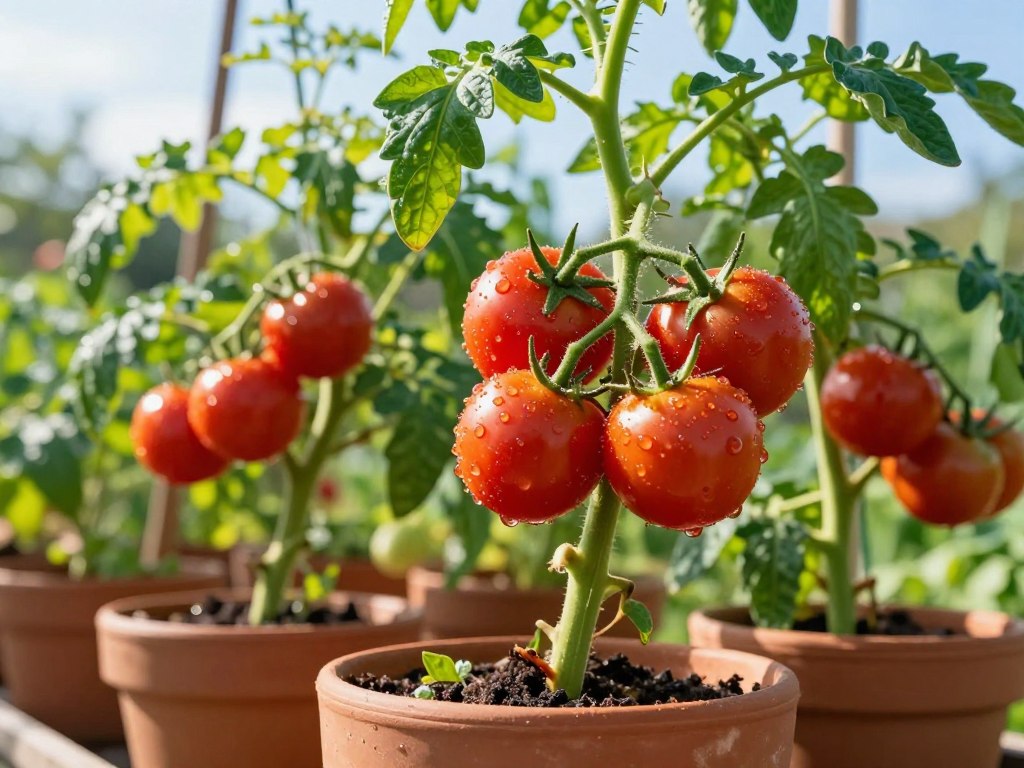 A vibrant garden scene featuring homegrown tomatoes ready for harvest. In the foreground, a cluster of ripe, red tomatoes hangs from lush, green plants in terracotta pots, glistening with morning dew. The middle ground showcases healthy tomato vines with sturdy, leafy branches, indicating a bountiful crop. In the background, soft sunlight filters through a clear blue sky, providing a warm ambiance that enhances the fresh and inviting atmosphere. The focus is sharp on the tomatoes, while the depth of field gently blurs the background, emphasizing the fruits of labor. The setting conveys a sense of accomplishment and satisfaction, highlighting the joy of gardening. Natural lighting enhances the vibrant colors of the tomatoes and greens, evoking the beauty of a summer harvest. A vibrant garden scene featuring homegrown tomatoes ready for harvest. In the foreground, a cluster of ripe, red tomatoes hangs from lush, green plants in terracotta pots, glistening with morning dew. The middle ground showcases healthy tomato vines with sturdy, leafy branches, indicating a bountiful crop. In the background, soft sunlight filters through a clear blue sky, providing a warm ambiance that enhances the fresh and inviting atmosphere. The focus is sharp on the tomatoes, while the depth of field gently blurs the background, emphasizing the fruits of labor. The setting conveys a sense of accomplishment and satisfaction, highlighting the joy of gardening. Natural lighting enhances the vibrant colors of the tomatoes and greens, evoking the beauty of a summer harvest.
