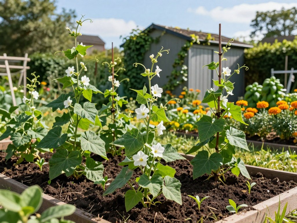 A vibrant garden scene showcasing a handful of lush green bean plants with delicate white flowers, their tender vines climbing up rustic trellises. In the foreground, healthy soil is rich and dark, revealing young seedlings just breaking through. The middle ground features well-tended rows of green bean plants, thriving under the gentle sunlight of a clear blue sky. At the back, a garden shed is partially visible, adorned with climbing ivy and surrounded by colorful companion plants like marigolds and basil. Soft, dappled sunlight filters through leaves, creating a warm and inviting atmosphere. The composition captures a sense of growth and abundance, ideal for inspiring beginner gardeners to cultivate their own green beans. A vibrant garden scene showcasing a handful of lush green bean plants with delicate white flowers, their tender vines climbing up rustic trellises. In the foreground, healthy soil is rich and dark, revealing young seedlings just breaking through. The middle ground features well-tended rows of green bean plants, thriving under the gentle sunlight of a clear blue sky. At the back, a garden shed is partially visible, adorned with climbing ivy and surrounded by colorful companion plants like marigolds and basil. Soft, dappled sunlight filters through leaves, creating a warm and inviting atmosphere. The composition captures a sense of growth and abundance, ideal for inspiring beginner gardeners to cultivate their own green beans.