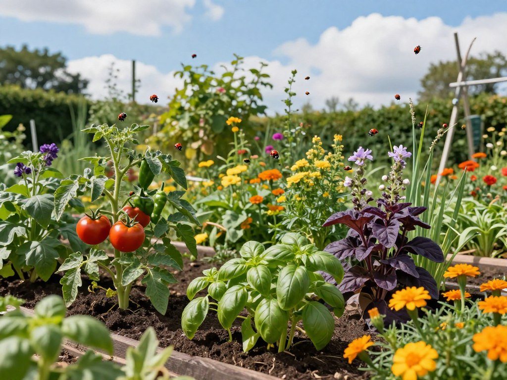 A vibrant garden scene showcasing companion planting for organic pest control. In the foreground, healthy vegetable plants like tomatoes and peppers are interspersed with aromatic herbs such as basil and marigolds, illustrating their protective synergy. The middle ground features a diverse landscape with lush foliage and colorful blossoms, attracting beneficial insects like ladybugs. The background presents a sunny blue sky with soft, fluffy clouds, highlighting the warmth of a summer day. Use natural, soft lighting to enhance the colors, emphasizing the vibrancy of the plants. The angle should capture the depth of the garden, inviting viewers to appreciate the beauty and strategy of companion planting. The atmosphere is peaceful and thriving, evoking a sense of harmony in nature.