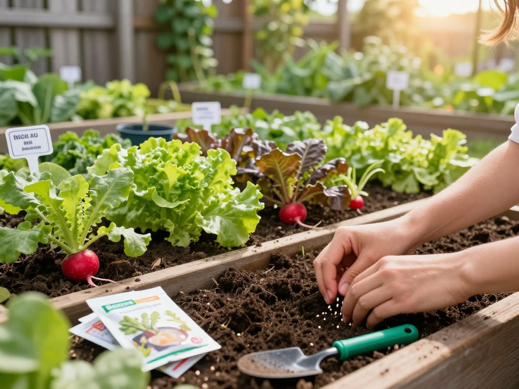A vibrant garden scene showcasing various planting techniques for fast-growing vegetables. In the foreground, a close-up view of hands gently planting seeds in rich, dark soil, with seed packets and small gardening tools beside them. The middle layer features rows of thriving vegetable plants, like radishes and lettuce, with visible growth markers and labels. The background has a sunlit garden setting, with a rustic wooden fence and climbing plants, creating a sense of depth. Soft, warm lighting enhances the freshness of the scene, while the angle captures the dynamic action of planting, evoking a sense of optimism and abundance. The overall atmosphere is lively and encouraging, perfect for aspiring gardeners. A vibrant garden scene showcasing various planting techniques for fast-growing vegetables. In the foreground, a close-up view of hands gently planting seeds in rich, dark soil, with seed packets and small gardening tools beside them. The middle layer features rows of thriving vegetable plants, like radishes and lettuce, with visible growth markers and labels. The background has a sunlit garden setting, with a rustic wooden fence and climbing plants, creating a sense of depth. Soft, warm lighting enhances the freshness of the scene, while the angle captures the dynamic action of planting, evoking a sense of optimism and abundance. The overall atmosphere is lively and encouraging, perfect for aspiring gardeners.