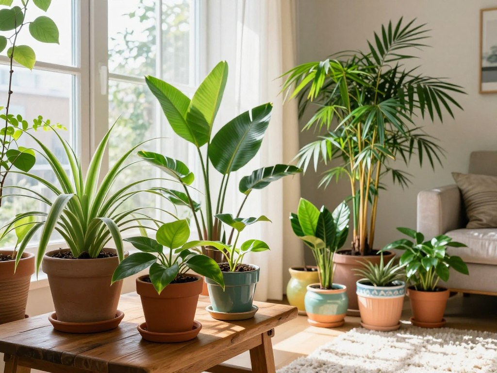 A vibrant indoor scene featuring a variety of pet-friendly indoor plants, such as spider plants, pothos, and bamboo palms. In the foreground, a rustic wooden table holds several pots of these lush greenery, showcasing their rich textures and colors. In the middle ground, soft natural light filters through a large window, casting gentle shadows that enhance the vibrancy of the leaves. Various colorful ceramic pots are arranged artfully, with a backdrop of a cozy living room, decorated with light pastel walls and a plush carpet. The overall mood is serene and inviting, suggesting a peaceful space for pets and their owners to relax. The lens captures a warm atmosphere, emphasizing the harmony between nature and the home environment. A vibrant indoor scene featuring a variety of pet-friendly indoor plants, such as spider plants, pothos, and bamboo palms. In the foreground, a rustic wooden table holds several pots of these lush greenery, showcasing their rich textures and colors. In the middle ground, soft natural light filters through a large window, casting gentle shadows that enhance the vibrancy of the leaves. Various colorful ceramic pots are arranged artfully, with a backdrop of a cozy living room, decorated with light pastel walls and a plush carpet. The overall mood is serene and inviting, suggesting a peaceful space for pets and their owners to relax. The lens captures a warm atmosphere, emphasizing the harmony between nature and the home environment.