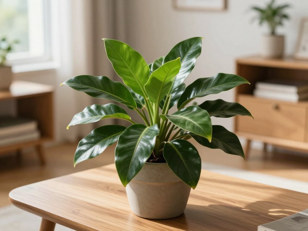 A vibrant indoor setting featuring a healthy cast iron plant, showcasing its lush, dark green leaves with a glossy sheen. The plant should be the centerpiece, positioned in a decorative pot on a stylish wooden table. The background features a softly blurred living space with warm, natural light streaming in from a nearby window, creating a cozy atmosphere. Include elements like a small bookshelf and minimalistic decor to complement the indoor aesthetic. The composition should be shot from a slightly elevated angle, emphasizing the plant's robust foliage, while capturing the peaceful ambiance of a low-maintenance indoor garden. The overall mood is inviting and serene, highlighting the beauty of easy care plants.