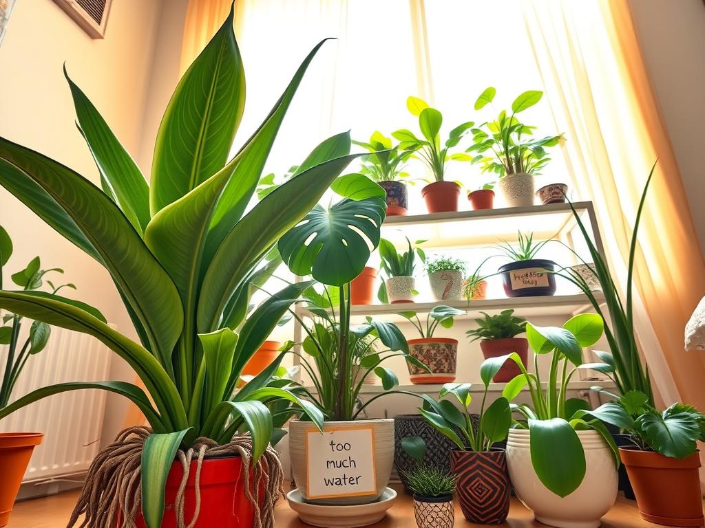 A vibrant indoor setting featuring various houseplants, each representing a common care myth that prevents growth. In the foreground, a thriving snake plant with exaggerated roots and a cheerful pot labeled “low light.” Beside it, a wilting monstera overshadowing a note saying “too much water.” In the middle ground, a well-lit shelf with a variety of plants in decorative pots, some with signs indicating “needs frequent repotting” and “fertilizer every day.” The background showcases a sunlit window with sheer curtains, casting warm, natural light over the scene. The mood is informative yet playful, inviting viewers to explore these misconceptions about houseplant care. The angle is slightly overhead, giving a clear view of the plants and their surroundings. A vibrant indoor setting featuring various houseplants, each representing a common care myth that prevents growth. In the foreground, a thriving snake plant with exaggerated roots and a cheerful pot labeled “low light.” Beside it, a wilting monstera overshadowing a note saying “too much water.” In the middle ground, a well-lit shelf with a variety of plants in decorative pots, some with signs indicating “needs frequent repotting” and “fertilizer every day.” The background showcases a sunlit window with sheer curtains, casting warm, natural light over the scene. The mood is informative yet playful, inviting viewers to explore these misconceptions about houseplant care. The angle is slightly overhead, giving a clear view of the plants and their surroundings.