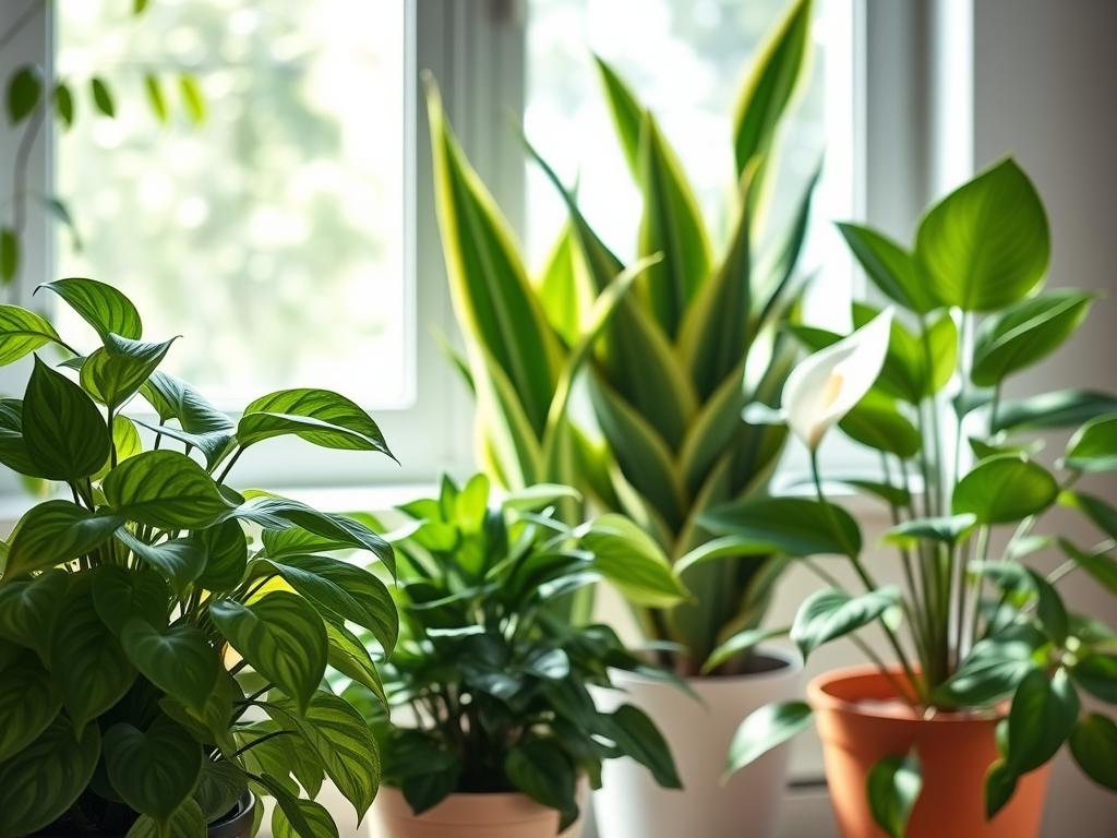 A vibrant indoor setting showcasing a variety of pest-resistant houseplants in healthy, lush condition. In the foreground, place an elegantly styled, well-maintained pothos plant with glossy green leaves, alongside a robust spider plant with white variegation. In the middle, include a tall snake plant with its striking vertical leaves, and a smaller peace lily with white blooms adding a burst of color. The background should feature soft, diffused natural light filtering through a window, casting gentle shadows, and a subtle hint of greenery from the outside. The overall mood is fresh and inviting, evoking a sense of tranquility and natural beauty, ideal for promoting the benefits of choosing resilient plant varieties. The image has a warm, welcoming atmosphere, perfect for an indoor garden theme. A vibrant indoor setting showcasing a variety of pest-resistant houseplants in healthy, lush condition. In the foreground, place an elegantly styled, well-maintained pothos plant with glossy green leaves, alongside a robust spider plant with white variegation. In the middle, include a tall snake plant with its striking vertical leaves, and a smaller peace lily with white blooms adding a burst of color. The background should feature soft, diffused natural light filtering through a window, casting gentle shadows, and a subtle hint of greenery from the outside. The overall mood is fresh and inviting, evoking a sense of tranquility and natural beauty, ideal for promoting the benefits of choosing resilient plant varieties. The image has a warm, welcoming atmosphere, perfect for an indoor garden theme.