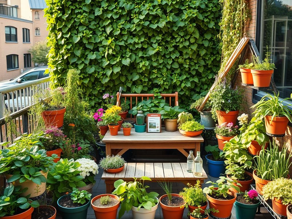 A vibrant, inviting container garden brimming with diverse plants filling a small patio space. In the foreground, a variety of colorful flower pots and vertical planters overflowing with herbs, vegetables, and flowering plants create an engaging composition. In the middle, a rustic wooden table displays gardening tools and seed packets, hinting at a creative gardening process. In the background, a lush green wall covered in climbing plants enhances the cozy atmosphere, surrounded by city buildings softly blurred to emphasize focus on the garden. The scene is illuminated with warm natural lighting, simulating a late afternoon sun, casting gentle shadows and highlighting the textures of the leaves and soil. The mood is cheerful and inspiring, reflecting a sanctuary in an urban environment, perfect for those exploring container gardening. A vibrant, inviting container garden brimming with diverse plants filling a small patio space. In the foreground, a variety of colorful flower pots and vertical planters overflowing with herbs, vegetables, and flowering plants create an engaging composition. In the middle, a rustic wooden table displays gardening tools and seed packets, hinting at a creative gardening process. In the background, a lush green wall covered in climbing plants enhances the cozy atmosphere, surrounded by city buildings softly blurred to emphasize focus on the garden. The scene is illuminated with warm natural lighting, simulating a late afternoon sun, casting gentle shadows and highlighting the textures of the leaves and soil. The mood is cheerful and inspiring, reflecting a sanctuary in an urban environment, perfect for those exploring container gardening.