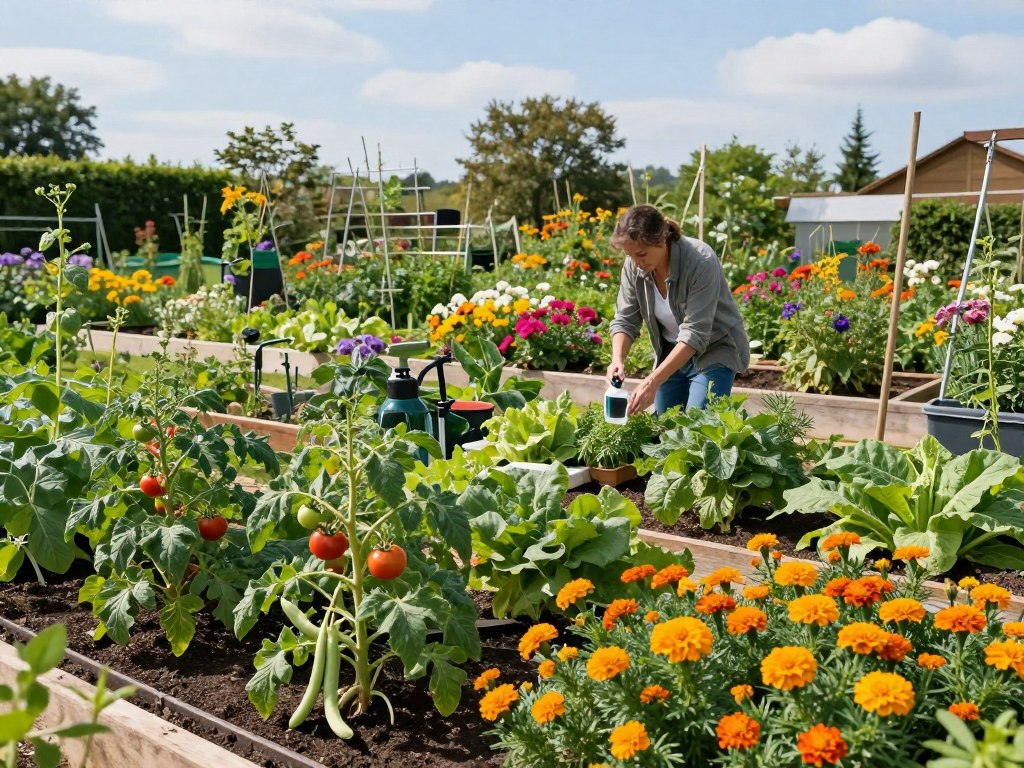 A vibrant, organic garden scene showcasing chemical-free gardening methods, highlighting companion planting techniques. In the foreground, lush vegetable plants like tomatoes, beans, and marigolds are interspersed, illustrating their symbiotic relationships. The middle ground features a gardener in modest casual clothing, employing natural pest control methods, such as releasing beneficial insects or using homemade organic sprays. The background is filled with a colorful array of blooming flowers, trellises, and raised garden beds, under a clear blue sky with soft natural lighting filtering through. The mood is serene and productive, capturing the essence of sustainable gardening in a picturesque, inviting setting. The image uses a wide-angle lens to encompass the beauty and variety of an organic garden, promoting a sense of abundant growth and harmony with nature. A vibrant, organic garden scene showcasing chemical-free gardening methods, highlighting companion planting techniques. In the foreground, lush vegetable plants like tomatoes, beans, and marigolds are interspersed, illustrating their symbiotic relationships. The middle ground features a gardener in modest casual clothing, employing natural pest control methods, such as releasing beneficial insects or using homemade organic sprays. The background is filled with a colorful array of blooming flowers, trellises, and raised garden beds, under a clear blue sky with soft natural lighting filtering through. The mood is serene and productive, capturing the essence of sustainable gardening in a picturesque, inviting setting. The image uses a wide-angle lens to encompass the beauty and variety of an organic garden, promoting a sense of abundant growth and harmony with nature.