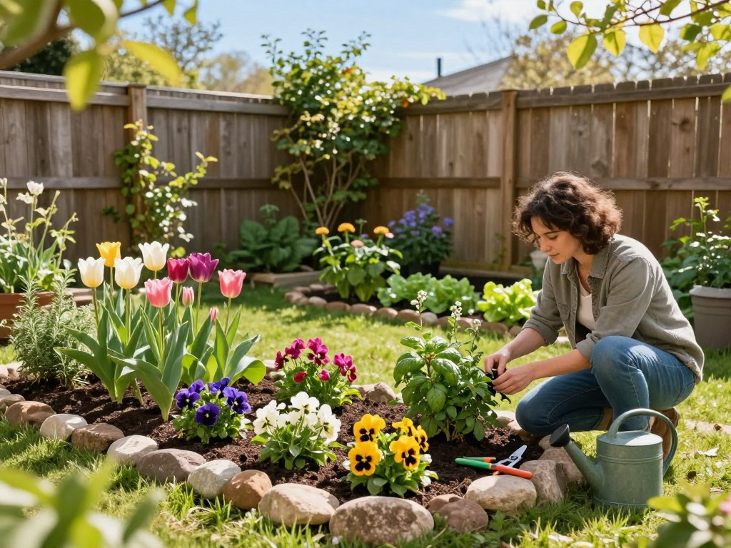 A vibrant small backyard garden in mid-spring, showcasing a variety of seasonal plants such as blooming tulips, colorful pansies, and fresh herbs like basil and rosemary. In the foreground, a gardener in modest casual clothing kneels down, gently pruning a flowering bush, surrounded by gardening tools like shears and a watering can. The middle ground features an intricately designed flowerbed bordered by neatly arranged stones, while a small vegetable patch with leafy greens is visible. The background consists of a wooden fence adorned with climbing vines, under a bright, clear blue sky. Soft, warm sunlight filters through the leaves, casting gentle shadows and creating an inviting, serene atmosphere perfect for garden care and maintenance.