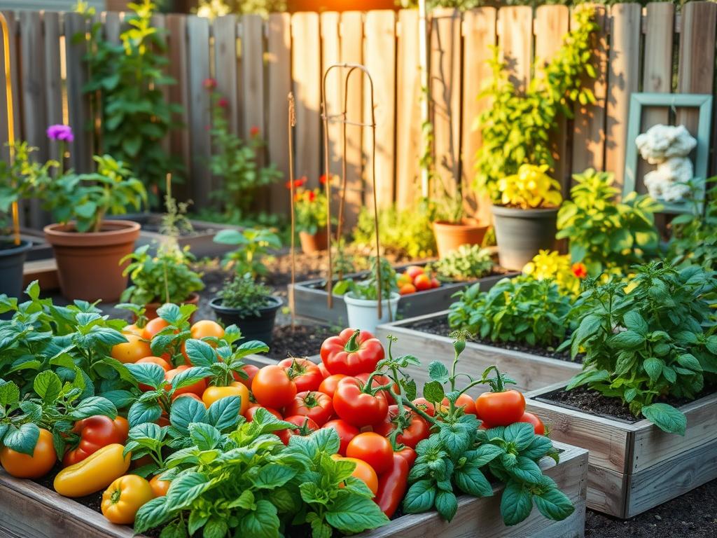 A vibrant small garden in a warm, sunlit backyard, showcasing seasonal vegetable plantings ideal for a small space. In the foreground, a variety of colorful vegetables including tomatoes, peppers, and leafy greens are neatly arranged in raised beds made from wooden planks. In the middle ground, a small trellis supports climbing beans, while herbs like basil and oregano flourish in pots nearby. The background features a rustic wooden fence and a few flowering plants that attract pollinators, creating a harmonious ecosystem. The lighting is warm and inviting, with soft afternoon sun illuminating the scene. The atmosphere is serene and productive, ideal for a seasonal planting guide.