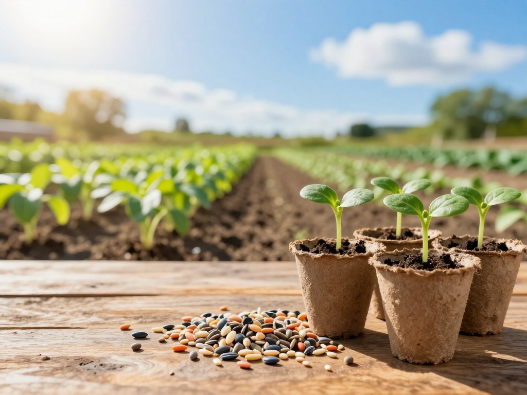 A vibrant split-scene showcasing the contrast between seeds and seedlings in a sunny garden setting. In the foreground, a close-up of an assortment of colorful seeds, including various shapes and textures, arranged on a rustic wooden table. Next to the seeds, healthy, green seedlings in small biodegradable cups, showcasing their budding leaves and roots slightly peeking out. In the middle ground, a flourishing garden with rows of seedlings basking in bright, natural sunlight, casting soft shadows on the soil. The background features a clear blue sky with a few fluffy clouds, enhancing a cheerful, inviting atmosphere. The lighting is warm and soft, emphasizing the freshness of the plants. The overall mood is hopeful and encouraging, perfect for beginners in gardening. A vibrant split-scene showcasing the contrast between seeds and seedlings in a sunny garden setting. In the foreground, a close-up of an assortment of colorful seeds, including various shapes and textures, arranged on a rustic wooden table. Next to the seeds, healthy, green seedlings in small biodegradable cups, showcasing their budding leaves and roots slightly peeking out. In the middle ground, a flourishing garden with rows of seedlings basking in bright, natural sunlight, casting soft shadows on the soil. The background features a clear blue sky with a few fluffy clouds, enhancing a cheerful, inviting atmosphere. The lighting is warm and soft, emphasizing the freshness of the plants. The overall mood is hopeful and encouraging, perfect for beginners in gardening.
