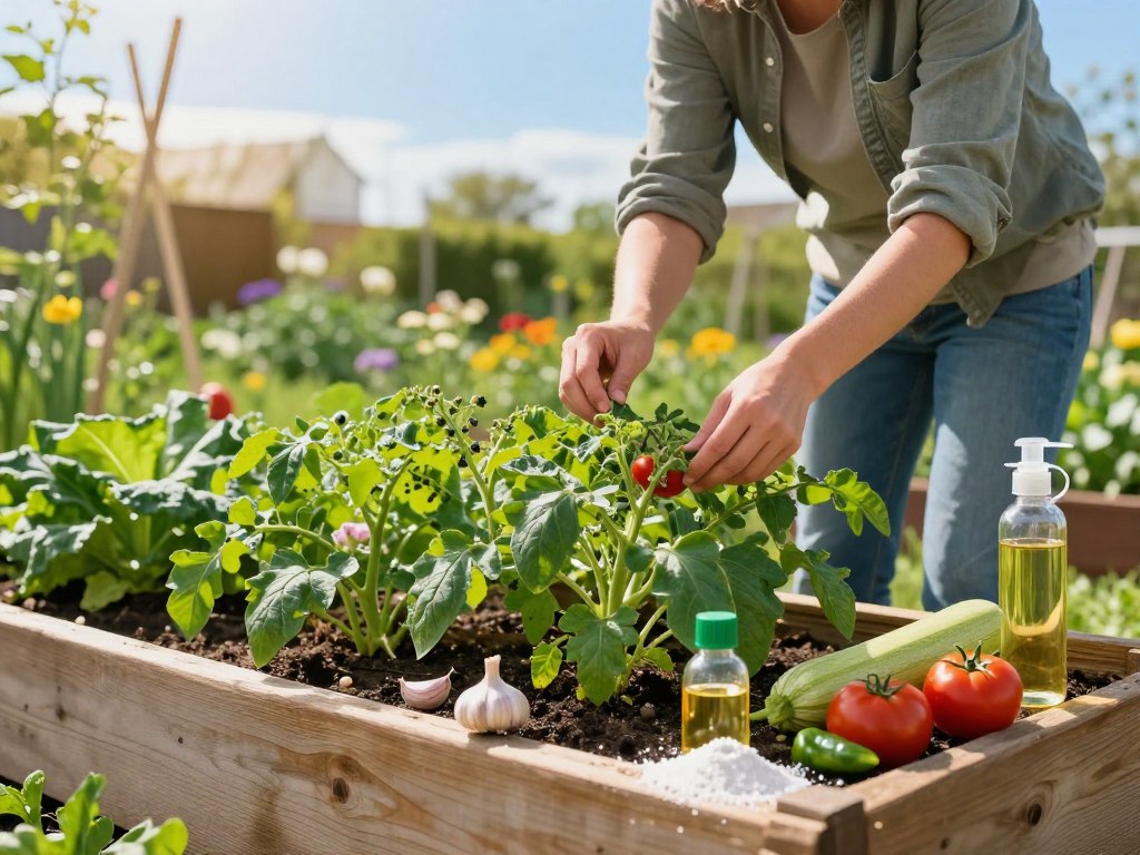 A vibrant spring garden scene focused on pest prevention and natural remedies for vegetables. In the foreground, a wooden garden bed overflowing with lush, green vegetable plants like tomatoes, peppers, and zucchini. Scattered around are natural remedies, such as garlic cloves, neem oil, and diatomaceous earth, emphasizing organic pest control methods. The middle ground features a gardener in modest casual clothing, gently inspecting the plants for pests while holding a small sprayer filled with a natural solution. In the background, a clear blue sky casts warm sunlight over the garden, illuminating blooming flowers and greenery, creating a serene, nurturing atmosphere that inspires confidence in spring gardening. The composition captures the essence of healthy, thriving plants and eco-friendly pest prevention methods. A vibrant spring garden scene focused on pest prevention and natural remedies for vegetables. In the foreground, a wooden garden bed overflowing with lush, green vegetable plants like tomatoes, peppers, and zucchini. Scattered around are natural remedies, such as garlic cloves, neem oil, and diatomaceous earth, emphasizing organic pest control methods. The middle ground features a gardener in modest casual clothing, gently inspecting the plants for pests while holding a small sprayer filled with a natural solution. In the background, a clear blue sky casts warm sunlight over the garden, illuminating blooming flowers and greenery, creating a serene, nurturing atmosphere that inspires confidence in spring gardening. The composition captures the essence of healthy, thriving plants and eco-friendly pest prevention methods.