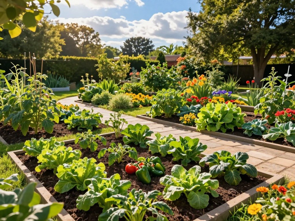A vibrant vegetable garden layout basking in warm sunlight, designed for optimal growth. In the foreground, neatly arranged plant beds filled with a variety of lush green vegetables like tomatoes, peppers, and leafy greens are visible. The middle ground features a well-defined pathway made of natural stones, winding through the garden, bordered by colorful flowers attracting pollinators. In the background, tall trees provide partial shade, while a bright blue sky peeks through fluffy white clouds, casting dappled sunlight on the scene. The lighting is golden and inviting, creating a peaceful atmosphere. The image is captured from a slightly elevated angle to showcase the layout's efficiency and organization, emphasizing the harmony of nature and design. A vibrant vegetable garden layout basking in warm sunlight, designed for optimal growth. In the foreground, neatly arranged plant beds filled with a variety of lush green vegetables like tomatoes, peppers, and leafy greens are visible. The middle ground features a well-defined pathway made of natural stones, winding through the garden, bordered by colorful flowers attracting pollinators. In the background, tall trees provide partial shade, while a bright blue sky peeks through fluffy white clouds, casting dappled sunlight on the scene. The lighting is golden and inviting, creating a peaceful atmosphere. The image is captured from a slightly elevated angle to showcase the layout's efficiency and organization, emphasizing the harmony of nature and design.