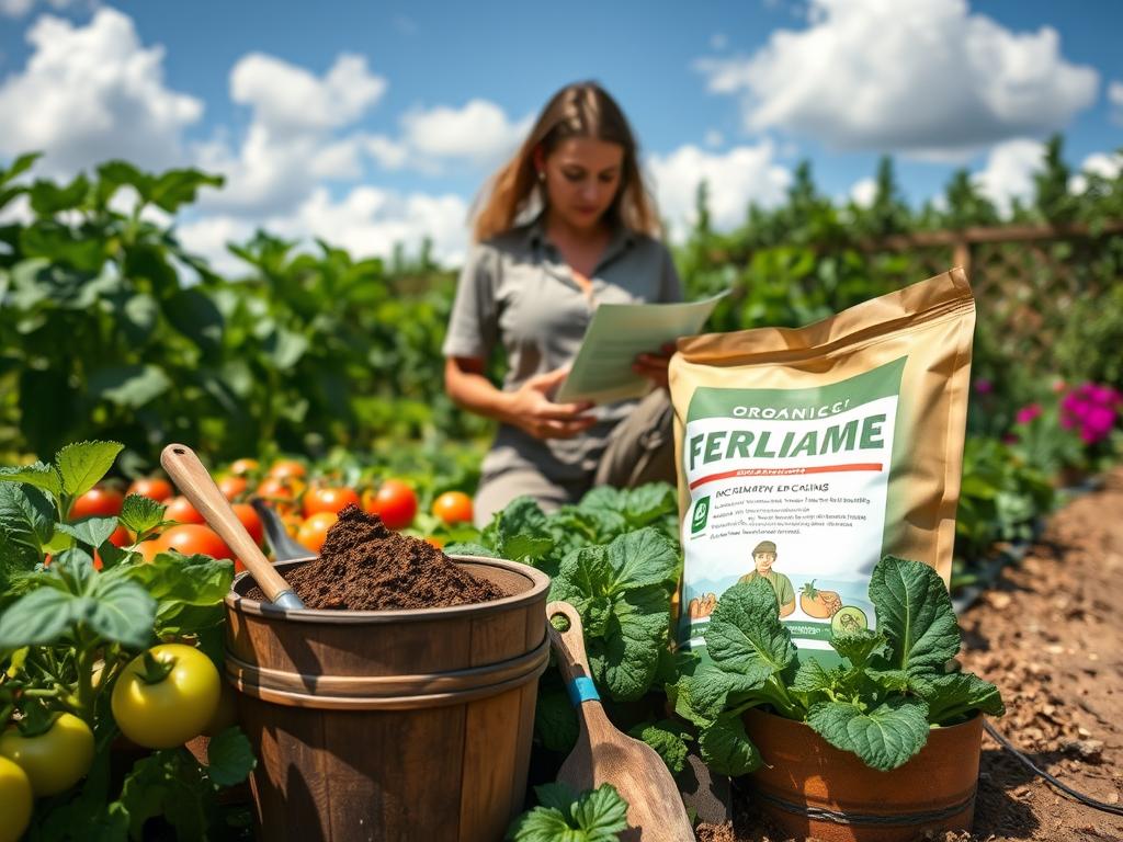 A vibrant vegetable garden scene showcasing a variety of healthy vegetables, such as tomatoes, cucumbers, and leafy greens, arranged neatly in rows. In the foreground, a wooden bucket filled with organic fertilizers like compost and worm castings sits beside a hand trowel and gardening gloves. The middle-ground features a gardener, dressed in modest casual clothing, thoughtfully examining a label on a bag of fertilizer, with a focus on natural and organic options. The background displays a sunny day with a blue sky and fluffy clouds, providing a warm and inviting atmosphere. Soft, natural lighting enhances the scene, with shadows cast by nearby plants. The angle captures both the gardener and the vibrant garden, emphasizing the importance of choosing the right fertilizer for optimal growth. A vibrant vegetable garden scene showcasing a variety of healthy vegetables, such as tomatoes, cucumbers, and leafy greens, arranged neatly in rows. In the foreground, a wooden bucket filled with organic fertilizers like compost and worm castings sits beside a hand trowel and gardening gloves. The middle-ground features a gardener, dressed in modest casual clothing, thoughtfully examining a label on a bag of fertilizer, with a focus on natural and organic options. The background displays a sunny day with a blue sky and fluffy clouds, providing a warm and inviting atmosphere. Soft, natural lighting enhances the scene, with shadows cast by nearby plants. The angle captures both the gardener and the vibrant garden, emphasizing the importance of choosing the right fertilizer for optimal growth.