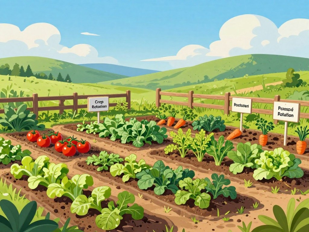 A vibrant vegetable garden scene showcasing the concept of crop rotation. In the foreground, various vegetable plots are illustrated, featuring lush and ready-to-harvest crops like tomatoes, carrots, and leafy greens arranged in alternating rows, emphasizing diversity in planting. In the middle ground, signs and markers can denote different types of crops that have been rotated seasonally, perhaps with a rustic wooden fence. The background should display a clear blue sky with soft, fluffy clouds and rolling green hills, representing a healthy agricultural landscape. The lighting is bright and warm, capturing a sunny day, reflecting a nurturing and productive atmosphere. The angle is slightly elevated, offering a comprehensive view of the garden layout.