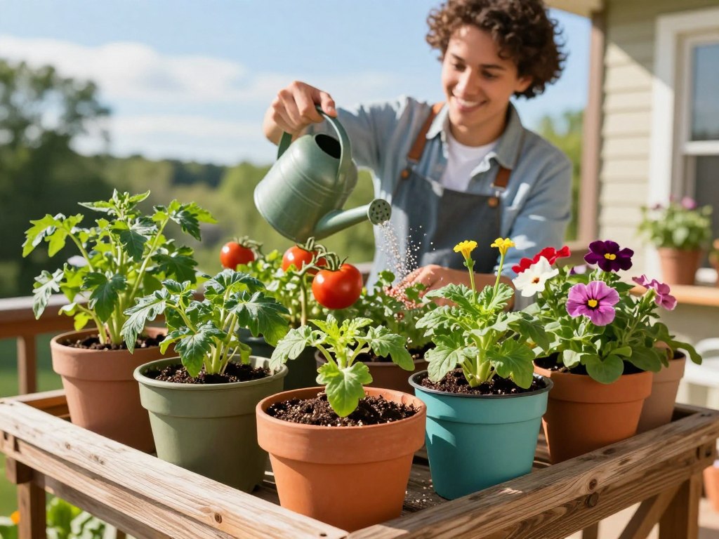 A well-arranged container garden featuring vibrant, healthy plants like tomatoes, herbs, and vibrant flowers, situated on a rustic wooden balcony. In the foreground, focus on a close-up of colorful pots filled with soil and plants, some with granular fertilizer sprinkled on top, highlighting the importance of fertilization. In the middle, showcase a gardener in casual attire, gently watering the plants using a watering can, with a cheerful expression reflecting care and dedication. The background captures a sunny day with a blue sky, soft natural light illuminating the scene, and lush greenery providing a refreshing atmosphere. The overall mood is uplifting and inviting, perfect for beginners interested in nurturing their own container garden. A well-arranged container garden featuring vibrant, healthy plants like tomatoes, herbs, and vibrant flowers, situated on a rustic wooden balcony. In the foreground, focus on a close-up of colorful pots filled with soil and plants, some with granular fertilizer sprinkled on top, highlighting the importance of fertilization. In the middle, showcase a gardener in casual attire, gently watering the plants using a watering can, with a cheerful expression reflecting care and dedication. The background captures a sunny day with a blue sky, soft natural light illuminating the scene, and lush greenery providing a refreshing atmosphere. The overall mood is uplifting and inviting, perfect for beginners interested in nurturing their own container garden.
