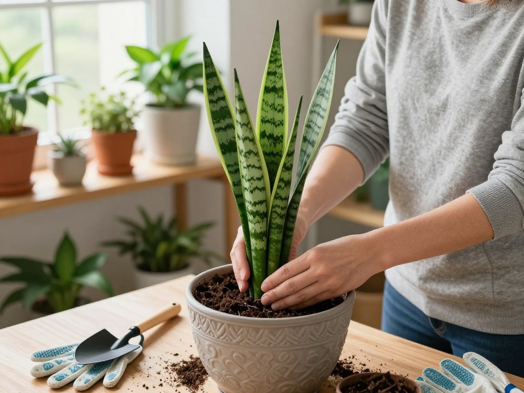 A well-lit indoor scene showing a person in modest casual clothing gently repotting a healthy sansevieria plant, also known as a snake plant. In the foreground, the person cradles the snake plant while carefully transferring it to a larger decorative pot filled with fresh potting soil. The middle layer features gardening tools, such as a small trowel and gloves, enhancing the gardening theme. In the background, soft natural light filters through a nearby window, illuminating a shelf with other vibrant houseplants and decorative items. The atmosphere is calm and nurturing, evoking a sense of care and attention to plant care. The angle is slightly elevated, capturing both the activity and the tranquil setting.
