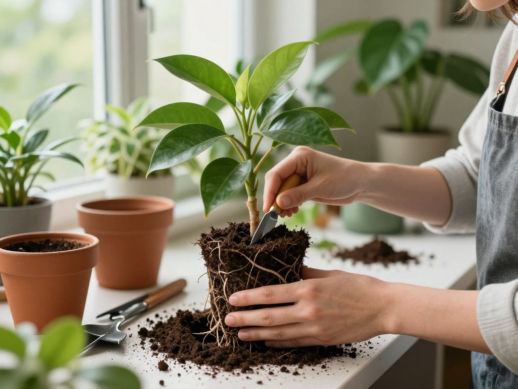 A well-lit indoor setting featuring a close-up view of a person in casual clothing carefully repotting a root-bound plant. The foreground includes the plant being repotted, showcasing its dense, tangled roots being gently loosened using fingers and a small tool. The middle ground reveals a potting bench scattered with potting soil, a new pot, and gardening tools. In the background, soft natural light filters through a window, enhancing the serene atmosphere of the space filled with lush green houseplants. The focus is on the careful technique being employed, highlighting the importance of preventing root damage during repotting. The image conveys a calm, nurturing mood, ideal for demonstrating proper care of indoor plants. A well-lit indoor setting featuring a close-up view of a person in casual clothing carefully repotting a root-bound plant. The foreground includes the plant being repotted, showcasing its dense, tangled roots being gently loosened using fingers and a small tool. The middle ground reveals a potting bench scattered with potting soil, a new pot, and gardening tools. In the background, soft natural light filters through a window, enhancing the serene atmosphere of the space filled with lush green houseplants. The focus is on the careful technique being employed, highlighting the importance of preventing root damage during repotting. The image conveys a calm, nurturing mood, ideal for demonstrating proper care of indoor plants.