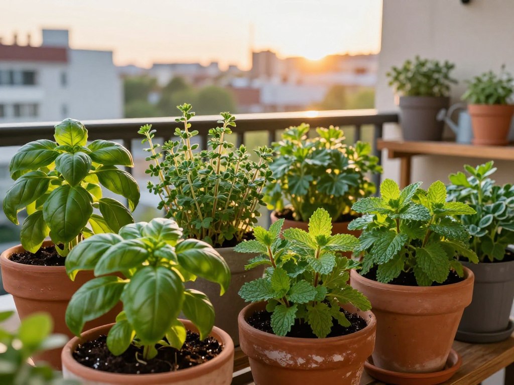 Fresh herbs in diverse containers, showcasing basil, thyme, parsley, and mint, all flourishing with lush green foliage. The foreground captures various terracotta and ceramic pots, each displaying different herbs with soil lightly moistened, accentuating their freshness. In the middle ground, a wooden balcony railing complements the urban setting, adorned with smaller planters and a watering can. The background features a soft-focus view of an urban skyline under a warm, golden late afternoon sun, casting gentle shadows. The atmosphere is vibrant, evoking a sense of tranquility and abundance in an urban garden. The composition uses a shallow depth of field to emphasize the herbs, with natural lighting enhancing the richness of their colors and textures. Fresh herbs in diverse containers, showcasing basil, thyme, parsley, and mint, all flourishing with lush green foliage. The foreground captures various terracotta and ceramic pots, each displaying different herbs with soil lightly moistened, accentuating their freshness. In the middle ground, a wooden balcony railing complements the urban setting, adorned with smaller planters and a watering can. The background features a soft-focus view of an urban skyline under a warm, golden late afternoon sun, casting gentle shadows. The atmosphere is vibrant, evoking a sense of tranquility and abundance in an urban garden. The composition uses a shallow depth of field to emphasize the herbs, with natural lighting enhancing the richness of their colors and textures.