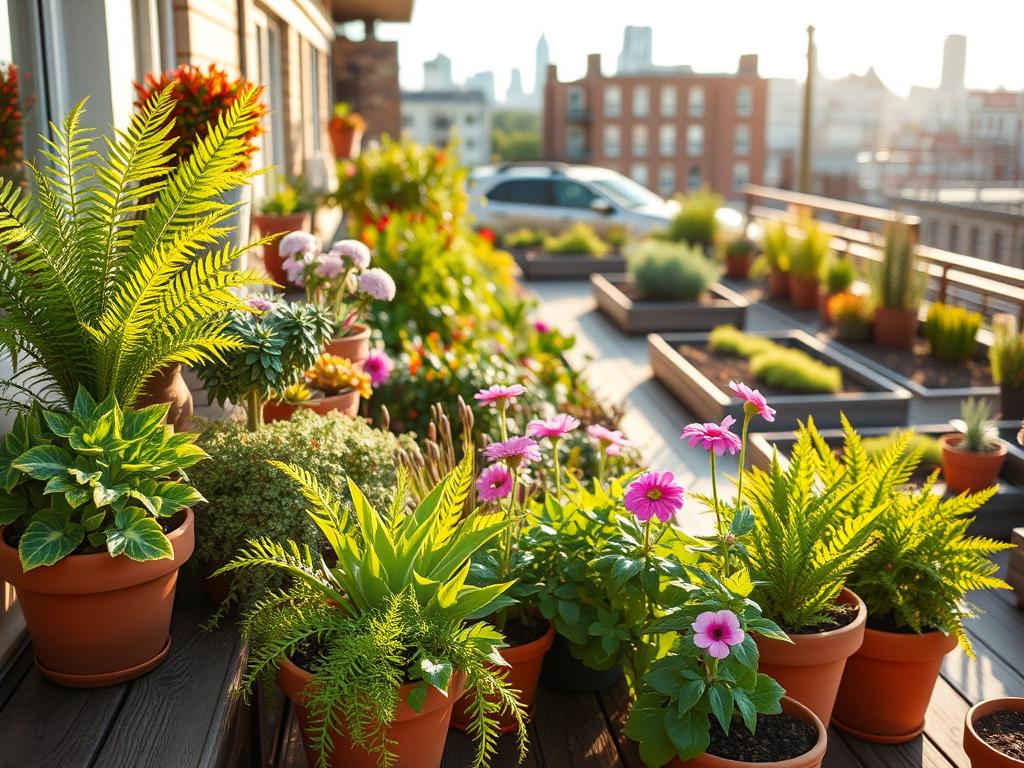 In the foreground, a variety of vibrant container plants including lush green ferns, colorful succulents, and blooming flowers, arranged artistically on a wooden balcony adorned with terracotta pots. In the middle ground, a spacious urban garden features raised beds and additional pots, thriving in sunlight, showcasing diverse species that thrive in heat, with a focus on resilience against extreme conditions. The background reveals a sunlit city skyline, casting soft shadows over the scene, suggesting a warm afternoon glow. The composition should capture the essence of summer gardening, with a warm and inviting mood. Use natural lighting to highlight the textures of the leaves and flowers, while a shallow depth of field draws attention to the plants, creating a peaceful yet lively atmosphere.